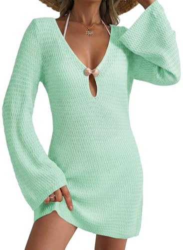 Dokotoo Bathing Suit Cover Up for Women 2026 Summer Beach Essentials Beach Vacation Clothes for Women Sexy Deep V Neck Bell Long Sleeve Crochet Bikini Cover Up Dress Resort Wear Mint Green Medium | Amazon (US)