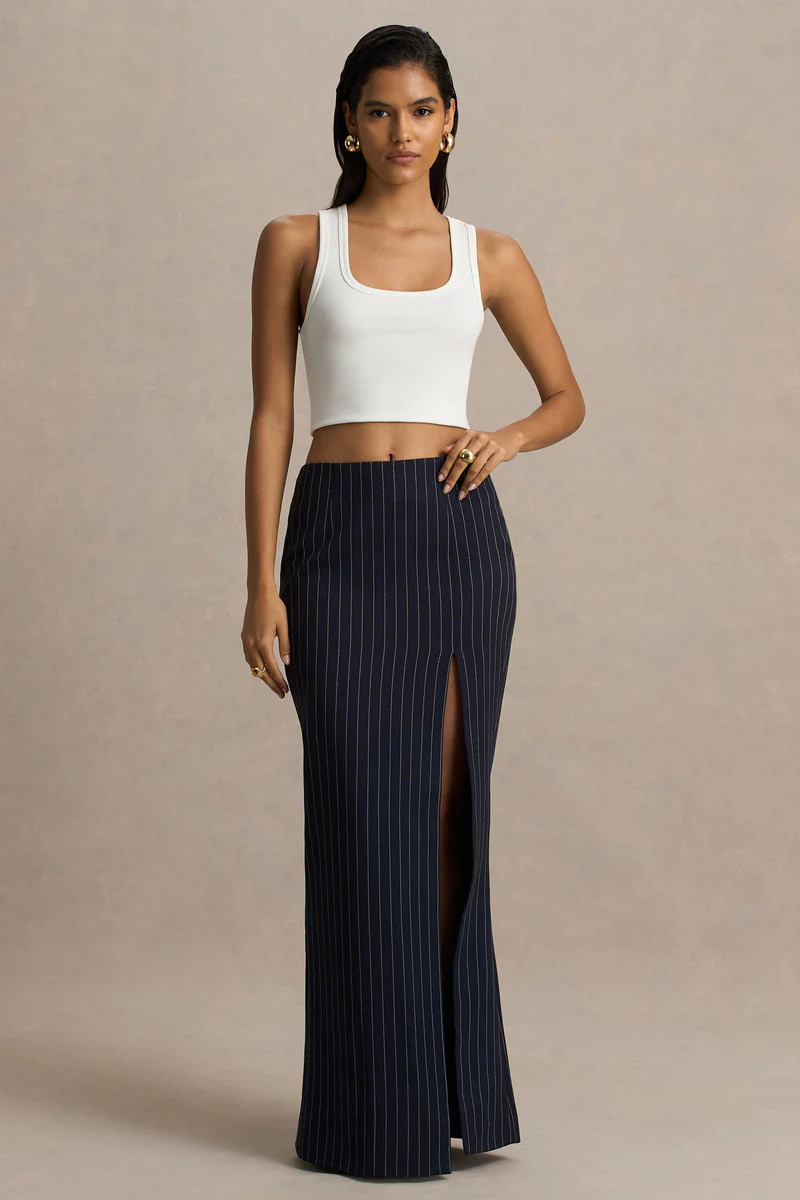Elana  Navy Pinstripe Maxi Skirt With Front-High Split | Club L London