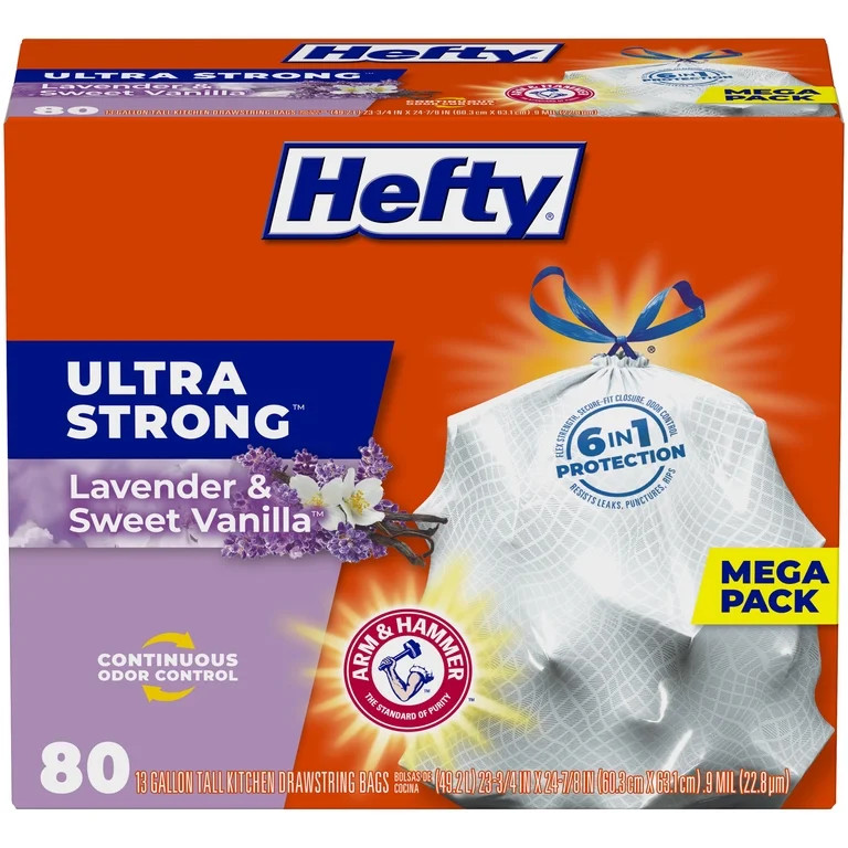 Hefty Ultra Strong Tall Kitchen Trash Bags, Lavender & Sweet Vanilla Scent, 13 Gallon, 80 Count | Walmart (US)