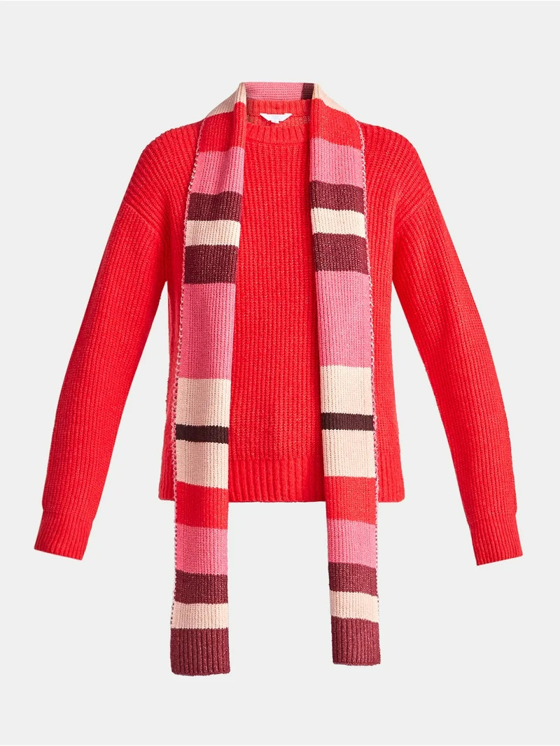 Time and Tru Women's and Women's Plus Ribbed Crewneck Sweater and Stripe Scarf Set, 2-Piece, Size... | Walmart (US)