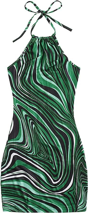 DIDK Women's Sleeveless Halter Neck Backless Marble Print Bodycon Mini Dress | Amazon (US)