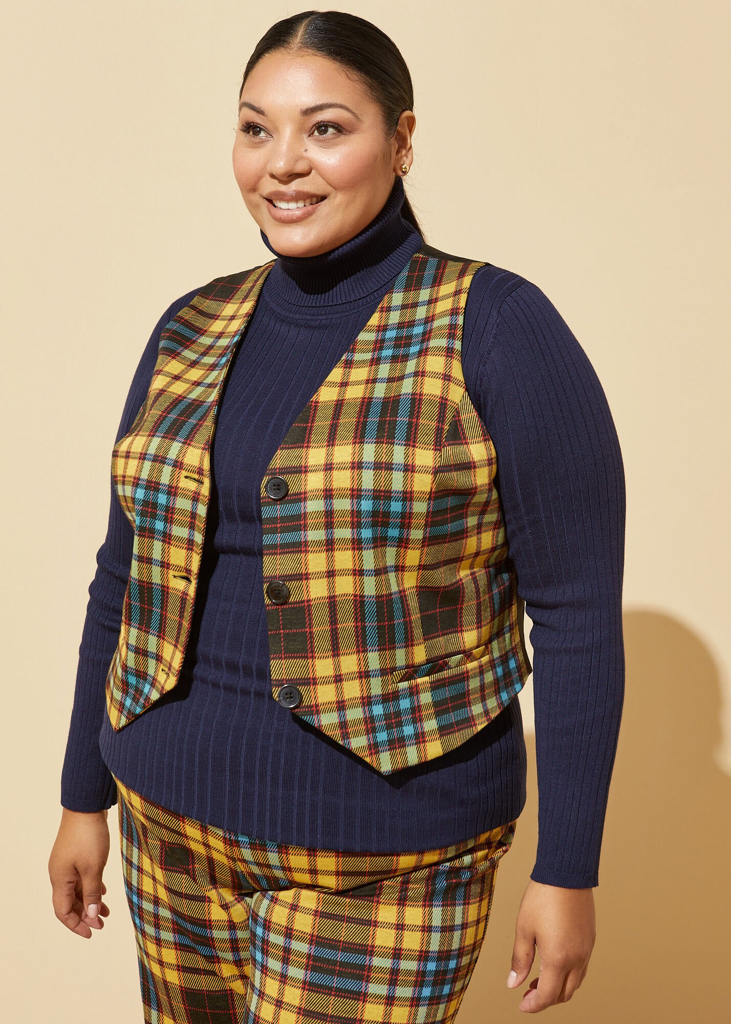 Power Knit Plaid Vest | Ashley Stewart