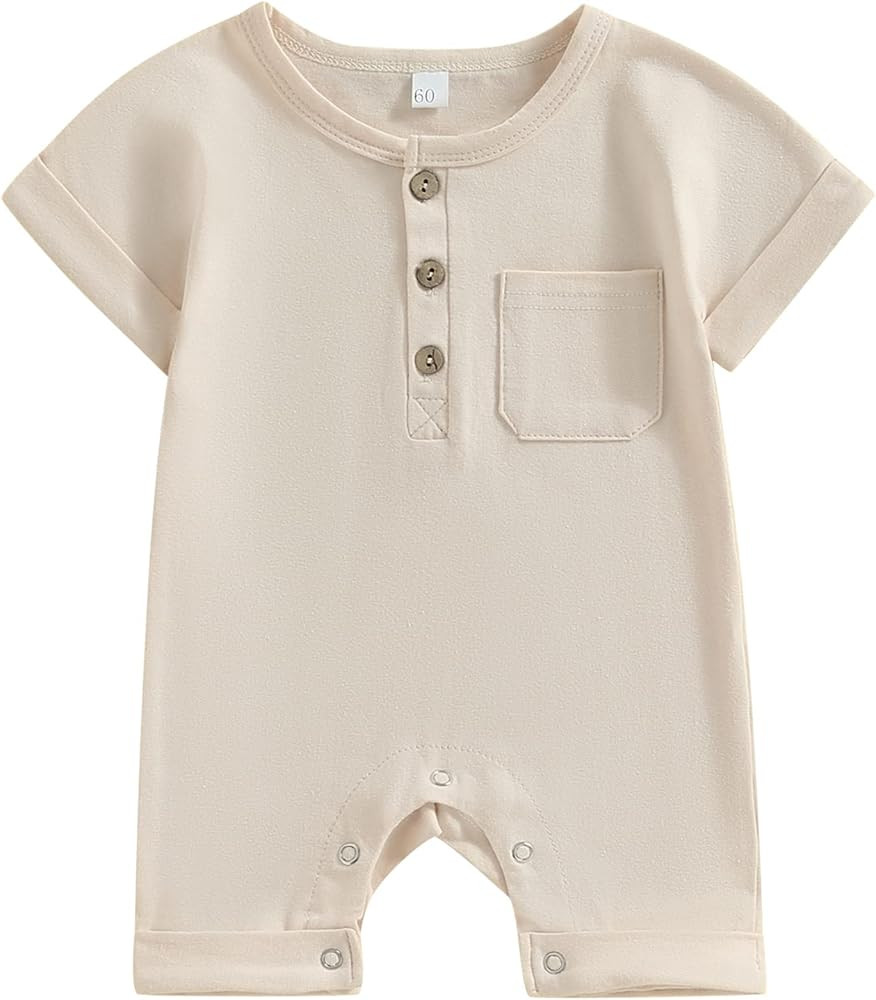 Mubineo Infant Baby Boy Girl Summer Fall Basic Plain Button Short Sleeve Romper Jumpsuit Clothes | Amazon (US)