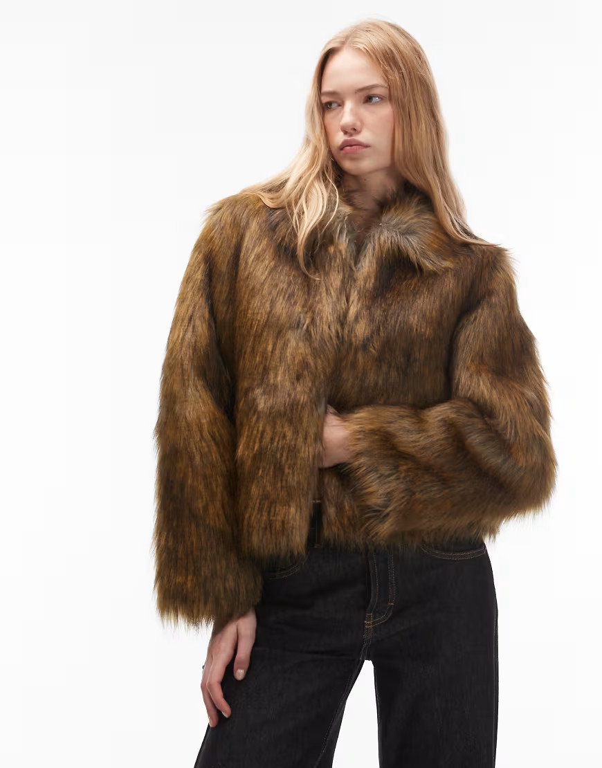 COLLUSION tipped faux fur short jacket in brown | ASOS (Global)