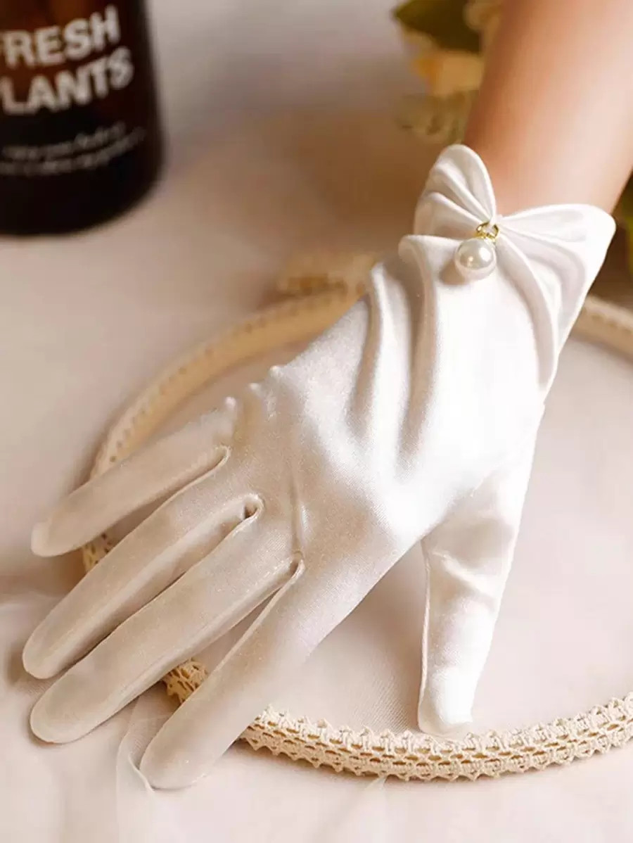 1pair White Short Satin & Faux Pearl Solid Color Gloves Suitable For Wedding, Party, Driving And ... | SHEIN