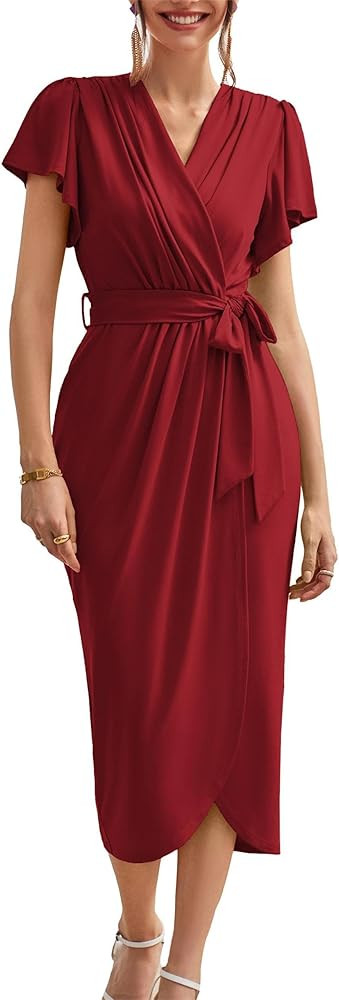 GRACE KARIN Women’s Dresses Ruffle Short Sleeve Ruched Wrap Summer Dress Bodycon Maxi Business ... | Amazon (UK)