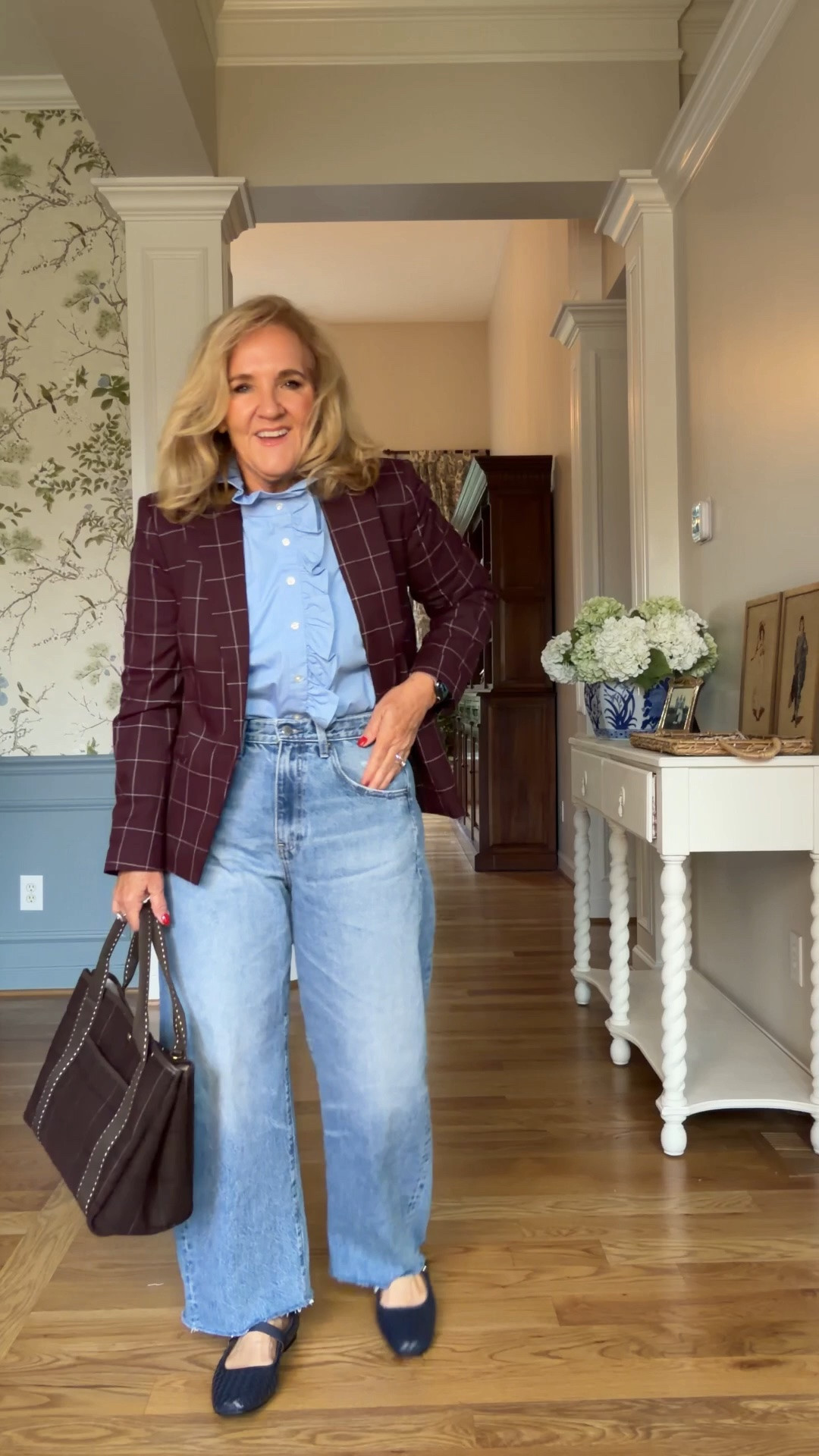 Checked dress size medium 
Argyle skirt small
White blouse med 
Cashmere sweater med 
Blue blouse med 
Jeans 29
Blazer 10 petite 
Oversized polo medium 
Walmart flats tts
Fall outfit business casual jeans and a blazer 
#LTKOver40 #LTKootd #LTKWorkwear

#LTKWorkwear #LTKOver40 #LTKSeasonal