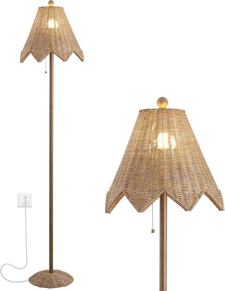 JONATHAN Y 60.5" Natural Brown Rattan Scalloped Floor Lamp, Traditional Coastal Bohemian Wicker S... | Amazon (US)