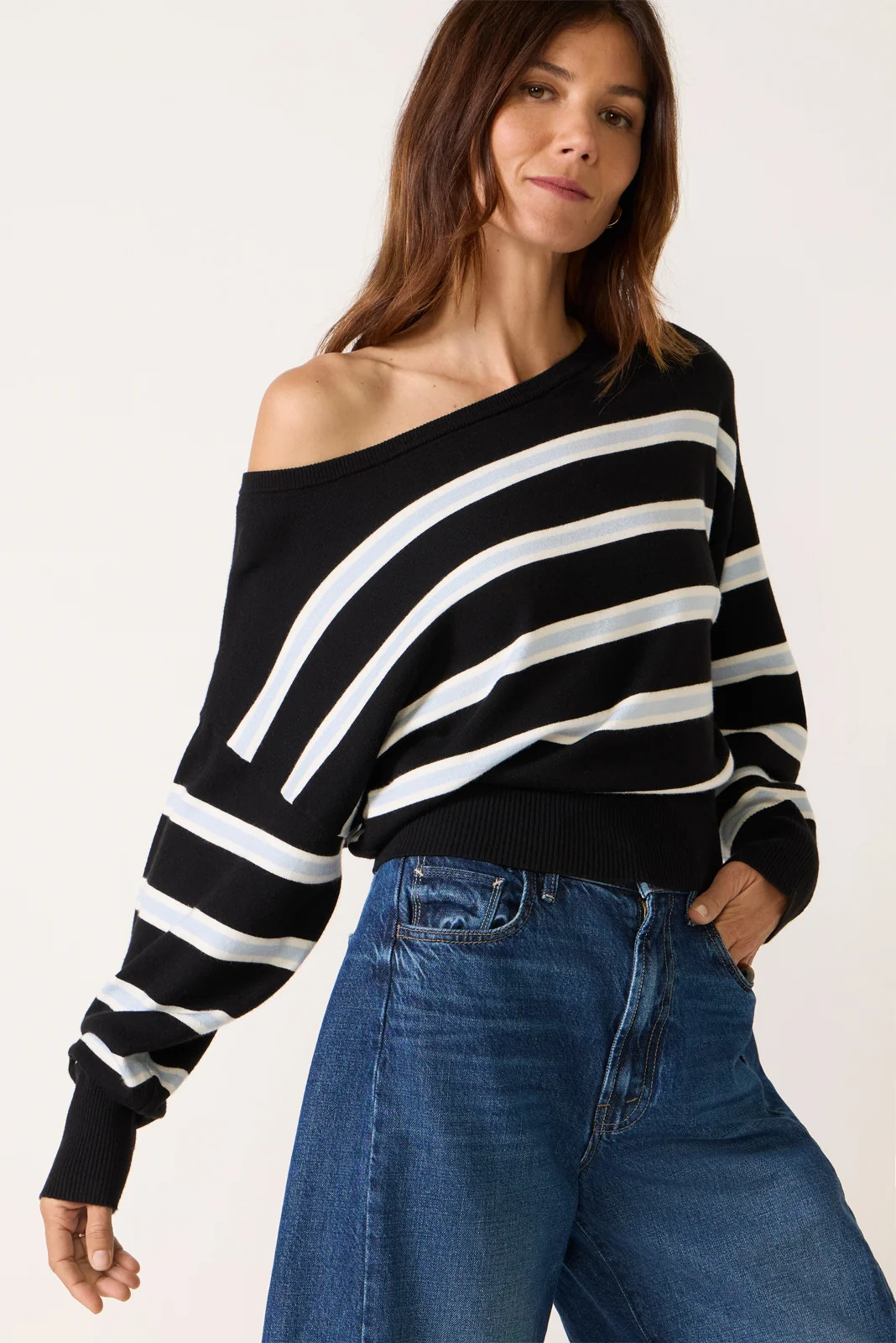 Riley Off Shoulder Stripe Sweater | Evereve
