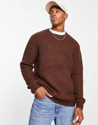 ASOS DESIGN heavyweight fisherman rib crew neck jumper in brown | ASOS (Global)