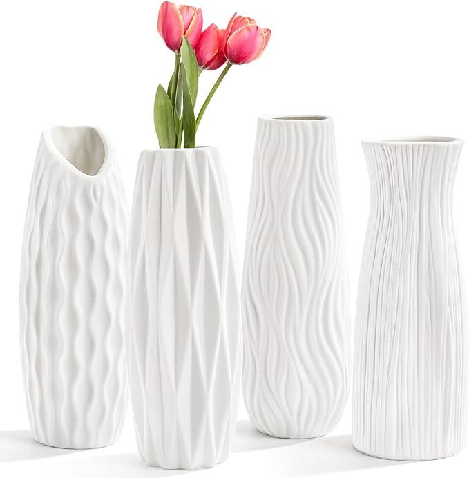 Peohud 4 Pack White Ceramic Vases, 9.5 Inch Tall Flower Vases for Home Decor, Modern Minimalist F... | Amazon (US)