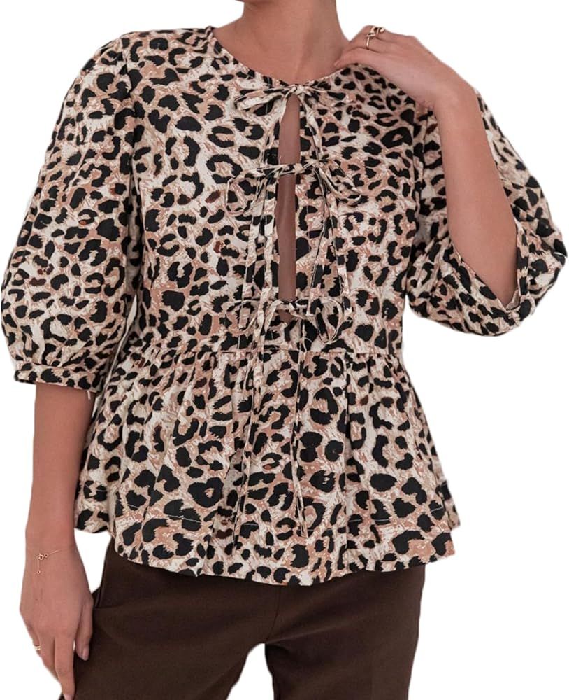 Women Y2K Tie Front Puff Short Sleeve Peplum Shirts Casual Loose Ruffled Hem Babydoll Shirt Blous... | Amazon (US)