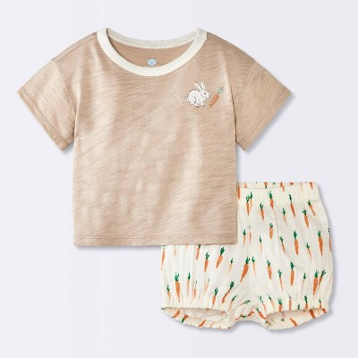 Baby Boys' 2pc Embroidered Carrot Short Sleeve T-Shirt and Bloomer Set - Cloud Island™ Brown Newborn | Target