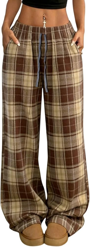 Women's Plaid Checkered Pants High Waist Pajama Pants Lounge Wide Leg Baggy Oversized Sweatpants ... | Amazon (US)