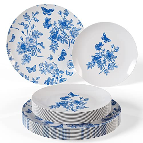 Trendables 80 Piece Plastic Disposable Plates Set For 40 Guests I 40 X 8 Inch Dessert Plates & 40 X 10 Inch Disposable Plastic Plates | Wedding Party Plates | White & Blue Floral Design | Amazon (US)
