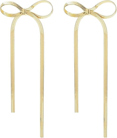 14K Gold Plated Bow Earrings for Women Long Tassel Chain Earrings Wedding Statement Jewelry Ribbo... | Amazon (US)