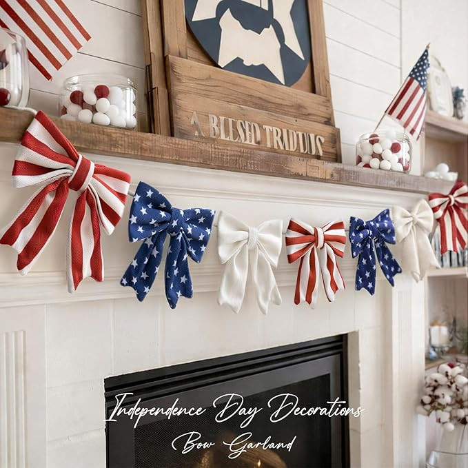 4th of July Decorations - 6.5 Ft Patriotic Bow Garland - Memorial Day Decor - America 250th Anniv... | Amazon (US)