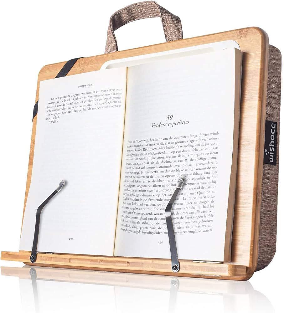 wishacc Book Stand for Reading in Bed, Bamboo Wood Lap Reading Holder with Page Paper Clips for R... | Amazon (US)