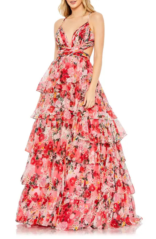 Mac Duggal Tiered Cutout Chiffon Ballgown in Pink Multi at Nordstrom, Size 10 | Nordstrom