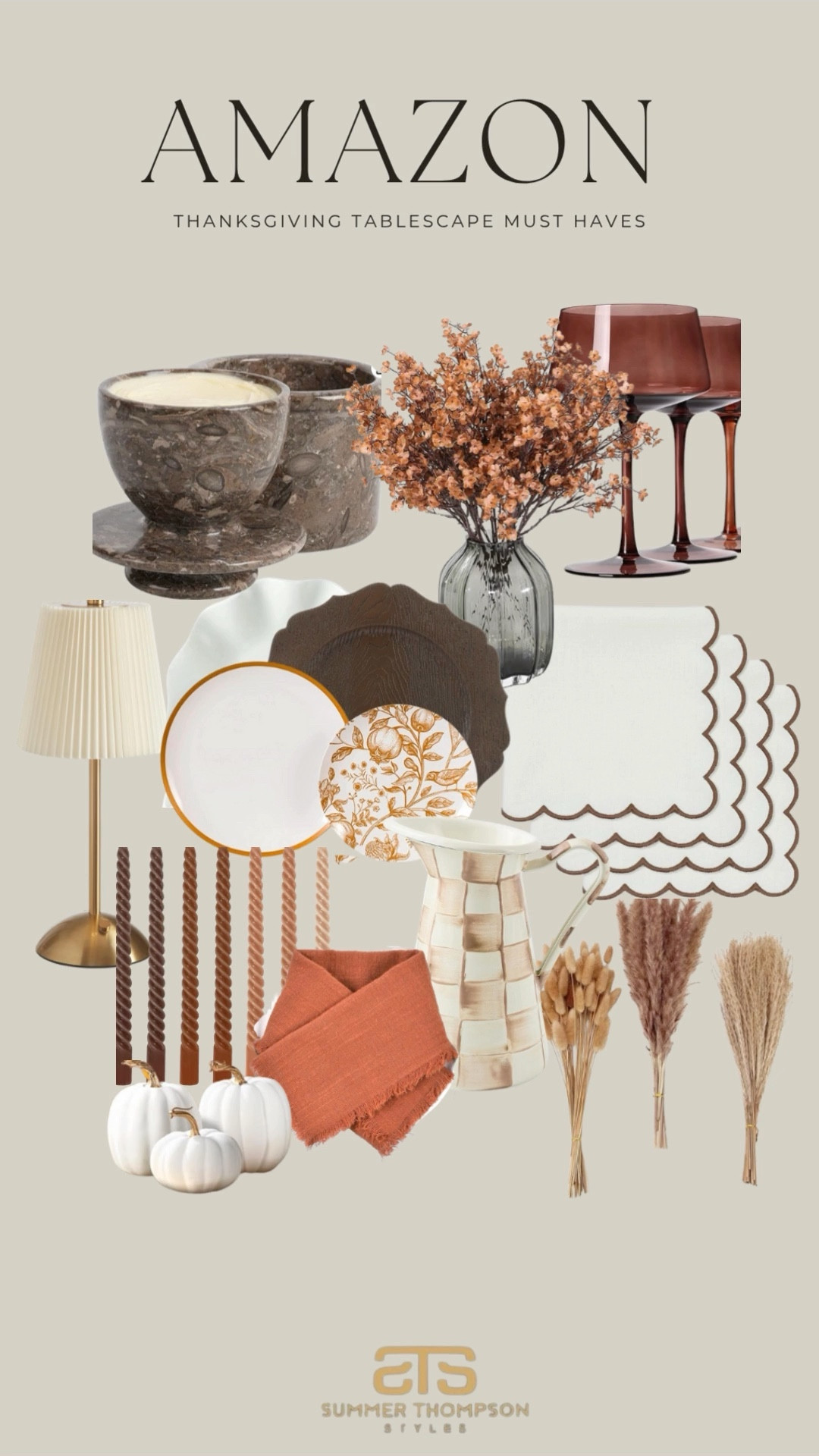 Warm neutrals and simple pieces for your fall table.🤎

Stone bowls. Brown wine glasses. Scalloped placemats. Floral stems. Pleated lamp. White plates. Brown charger. Twisted tapers. White pumpkins. Terracotta napkins.

#ThanksgivingTable #FallHosting #TablescapeIdeas #SeasonalDecor #CozyHomeStyle


#LTKHome #LTKHoliday