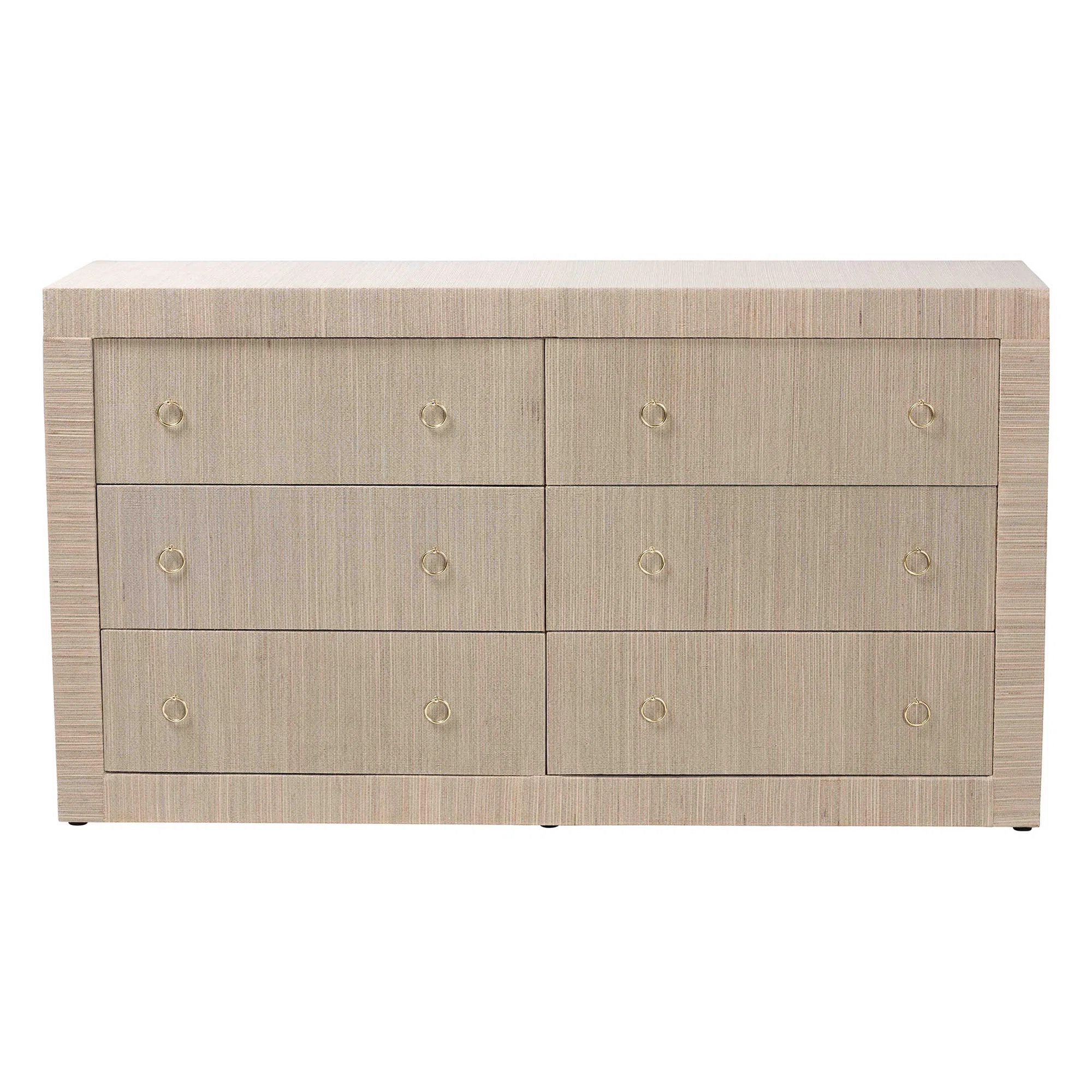 Bali & Pari Sage Natural Grasscloth Dresser - 6-Drawer Bedroom Storage Cabinet With Gold Ring Pul... | Wayfair North America