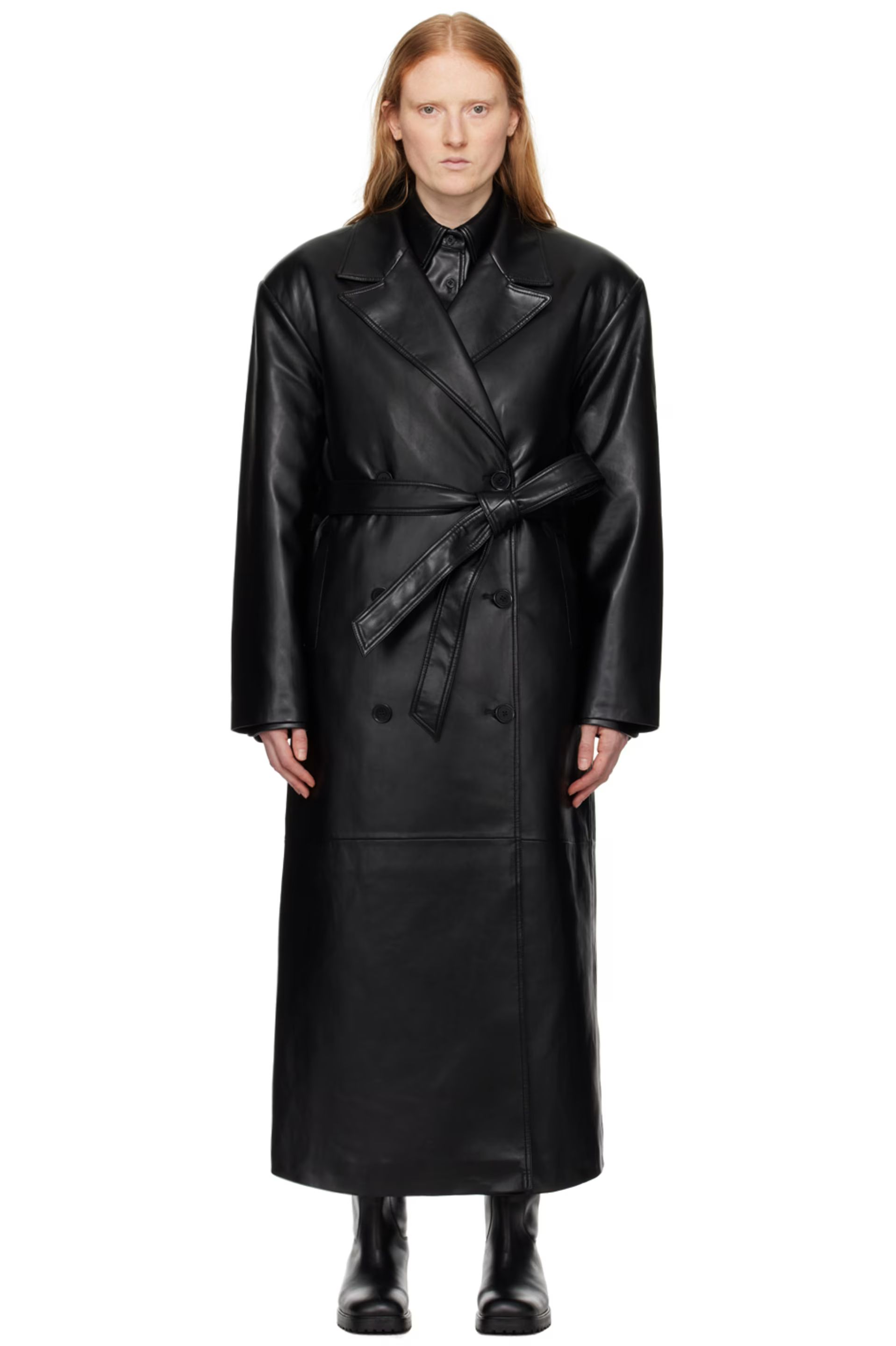 Black Tina Faux-Leather Trench Coat | SSENSE