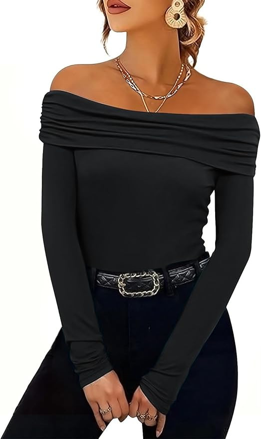 HOTOUCH Women Off Shoulder Tops Long Sleeve Blouses Y2K Tight Shirts Sexy Slim Fitted Going Out D... | Amazon (US)