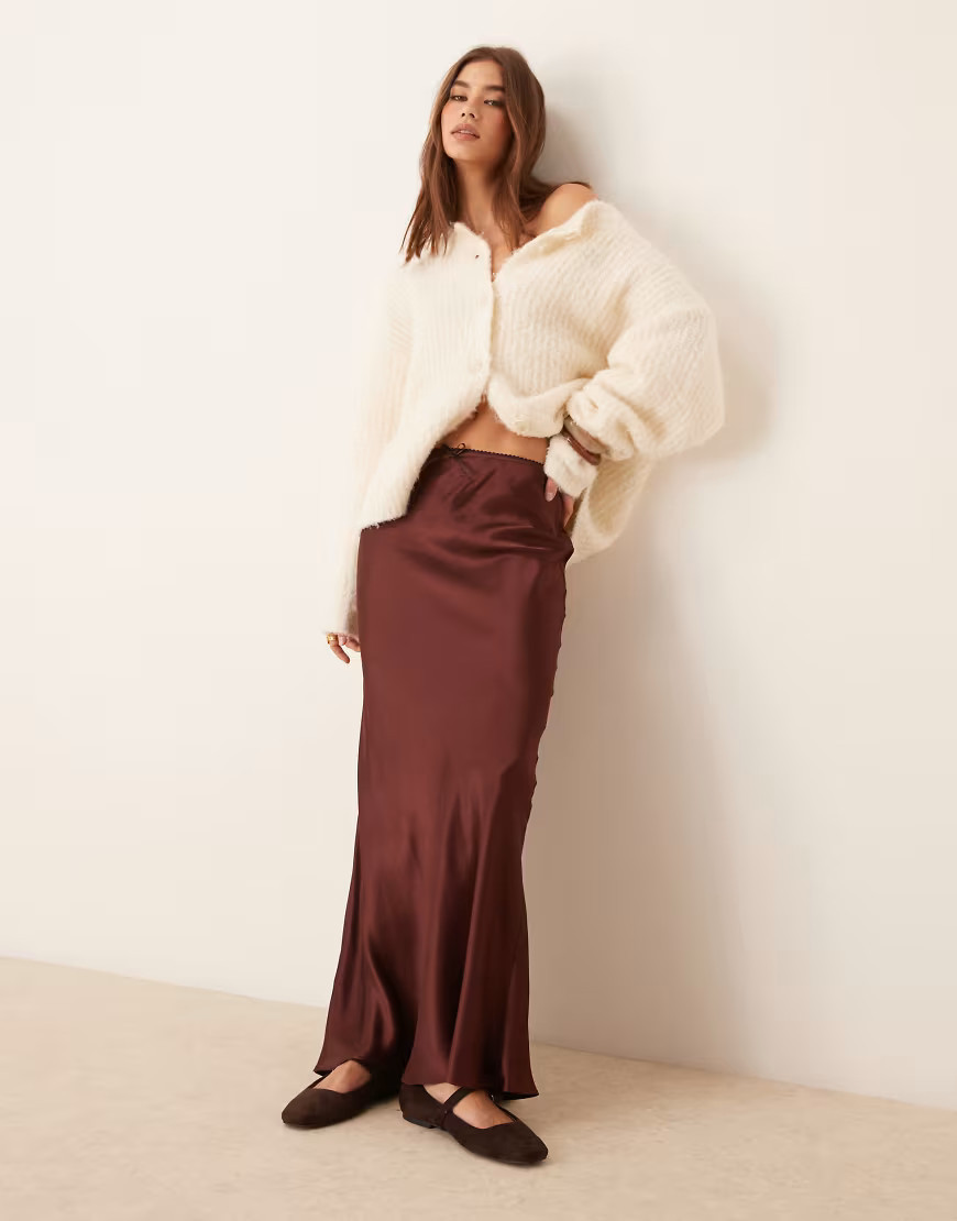 Miss Selfridge satin bias cut bow detail maxi skirt in chocolate-Brown | ASOS (Global)