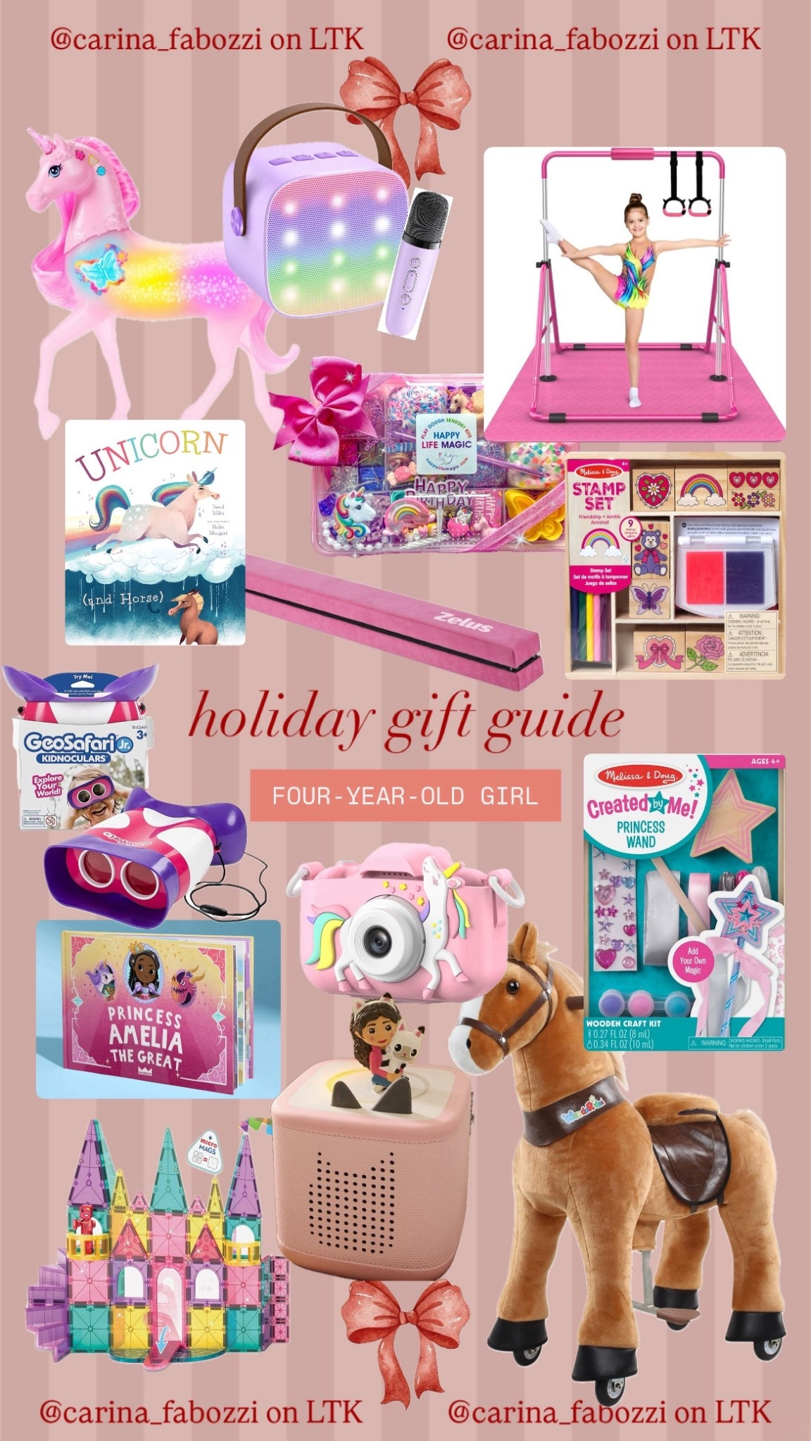 Holiday 2025 gift guide for 4-year-old girls! This is everything I plan to get for Cece or items we already have and recommend! 

Digital camera for kids, ride-on pony for little kids, personalized book, gymnastics bar for girls, gymnastics beam, unicorn toys, binoculars for kids, sensory dough kits, tonies, tonie box, Gabby’s dollhouse, Melissa and Doug toys for girls 

#LTKKids #LTKHoliday #LTKGiftGuide