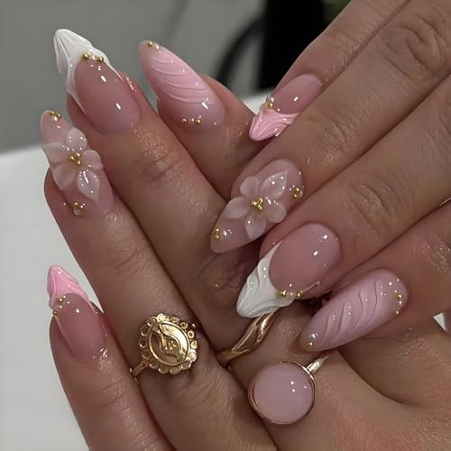 LPOODDNU 3D Pink Press on Nails Almond - Medium French Tip Fake Nails with Embossed Flower&Gold Bead Designs, Glossy Finish Reusable False Nails with Glue Tabs - 24Pcs Nail Kit for Women Manicure | Amazon (US)