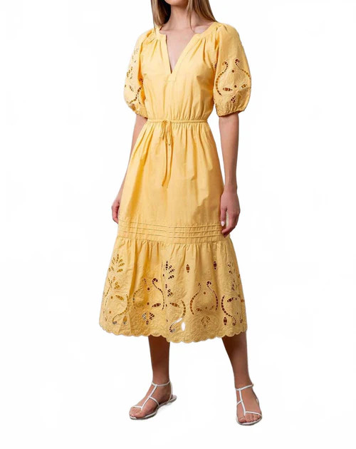 Eyelet Midi Dress In Light Yellow | Shop Simon