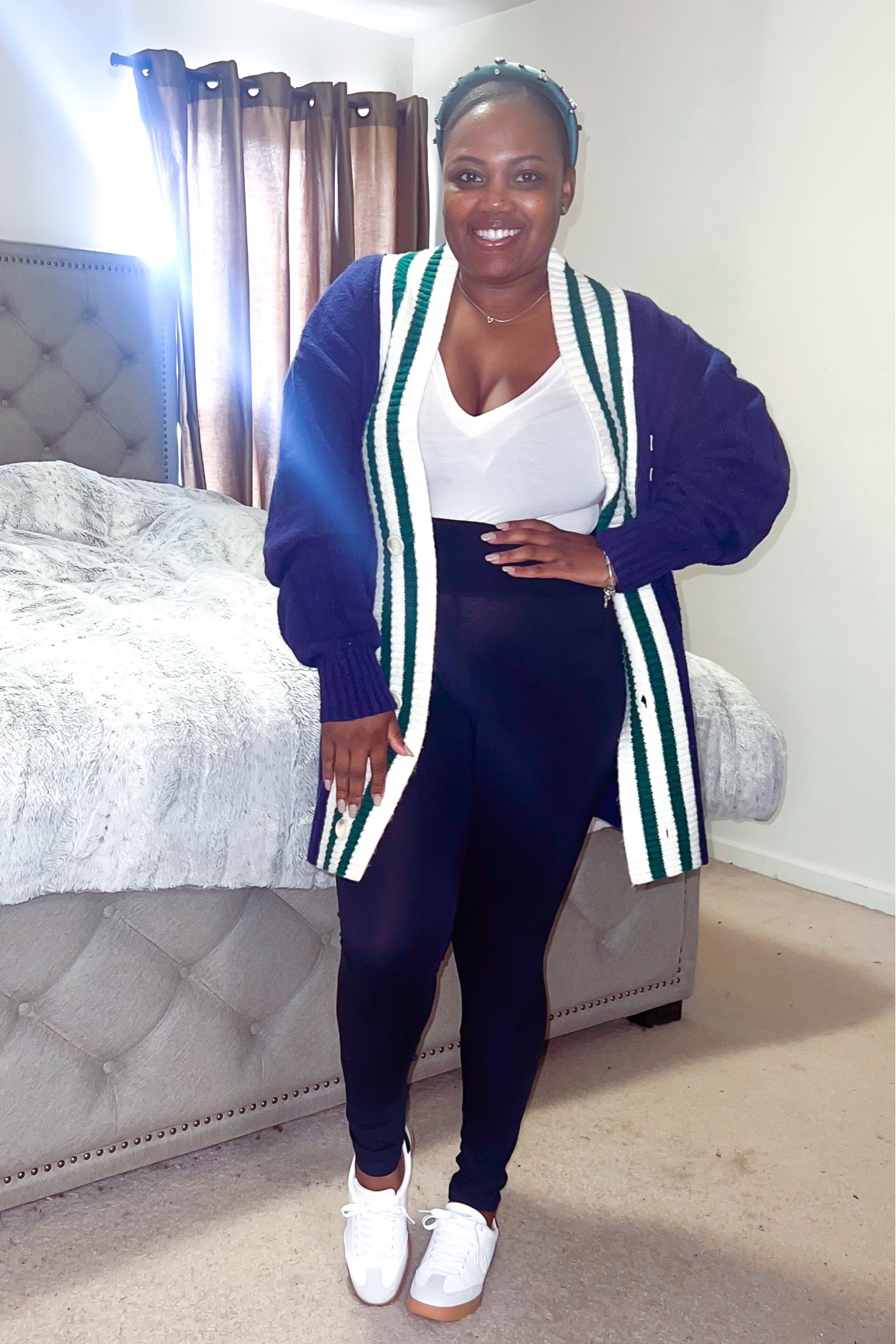 Casual Friday energy: Comfy, cute, and just a little preppy.

This look is perfect for running errands in style or grabbing a quick lunch while feeling put together.
I styled navy Primark leggings with an ivory bodysuit from FashionNova and topped it off with this oversized Pink cardigan in navy, green, and cream—hello cozy layers!

The pearl-adorned green velvet headband adds just the right luxe touch, and my white Tommy Hilfiger sneakers keep it cute and practical.

📌 I found similar pieces on Amazon & linked them all on LTK so you can recreate the look!

Would you rock this preppy errand day vibe? Drop a 🧢 if comfy-cute is your style too!

#CasualFridayStyle #ErrandRunOutfit #CozyAndCute #PreppyChic #SimpliLuxeStyle #LuxeForLess #StyleOnABudget #WeekendLook #LTKOutfits #AmazonFinds #ChicAndComfy #EverydayLuxury

Keywords: casual outfit, comfy cute style, preppy fashion, oversized cardigan, casual Friday look, errand outfit, LTK links, Amazon fashion, luxe for less, Simpli Luxe style

#LTKFindsUnder100 #LTKActive #LTKFindsUnder50