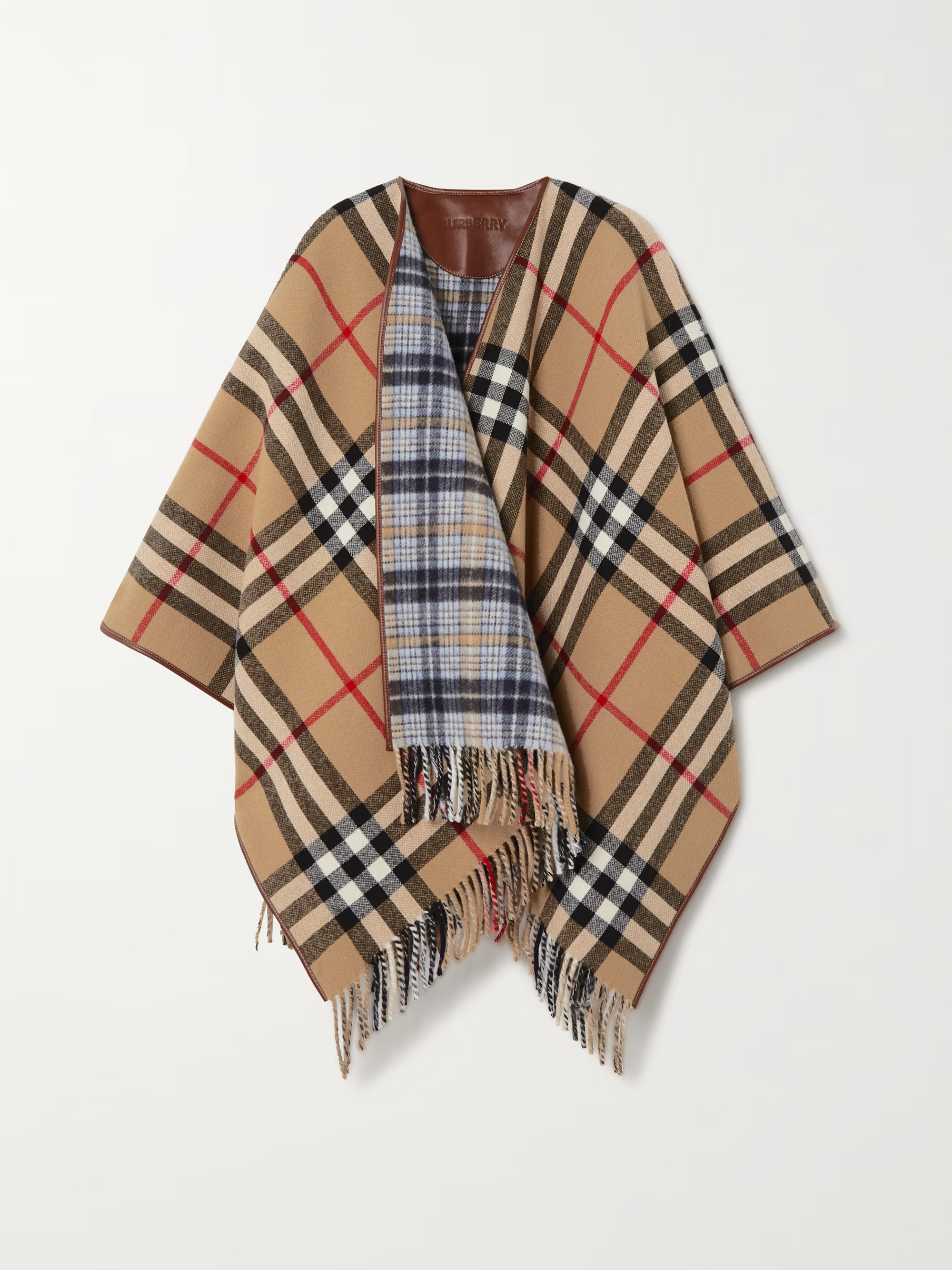 Beige Leather-trimmed fringed checked wool wrap | BURBERRY | NET-A-PORTER | NET-A-PORTER (UK & EU)