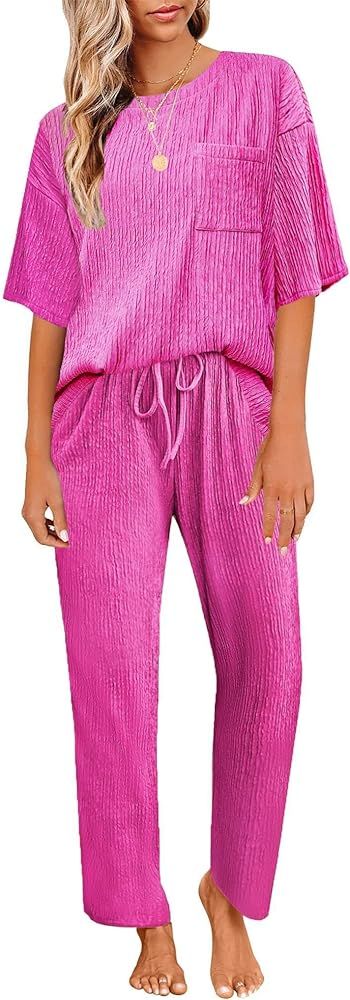 Ekouaer Pajamas Sets Womens Short Sleeve Sleepwear Pleated Soft Long Pants Loungewear Set Casual ... | Amazon (US)