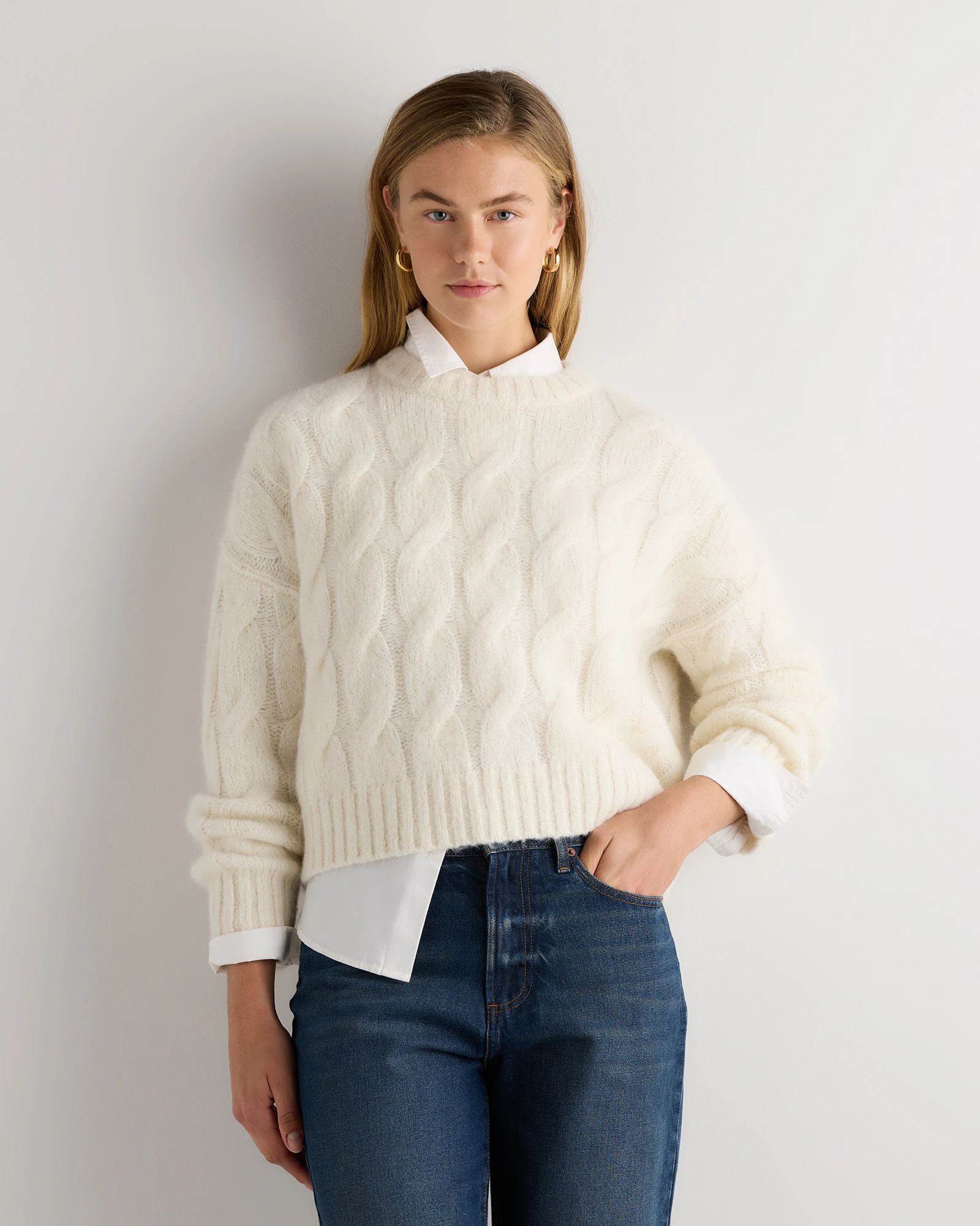 Quince | Women's Lofty Baby Alpaca Relaxed Cropped Cable Crewneck Sweater in Moss Shadow Green, Size XS | Quince