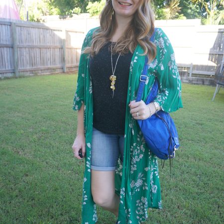 Green floral duster over a simple black tee and denim shorts outfit with my nylon Rebecca Minkoff Julian backpack 💙 

#LTKitbag #LTKaustralia