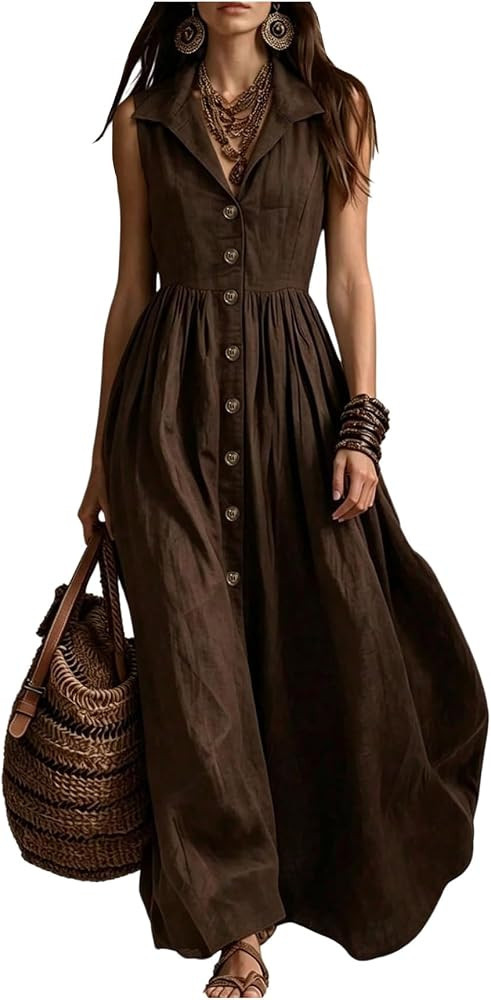 WDIRARA Women's Button Down Sleeveless Shirt Dress Collared A Line Flowy Maxi Dresses | Amazon (US)