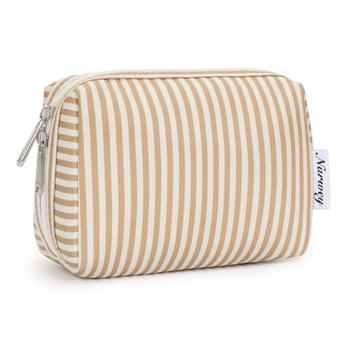 Narwey Small Striped Makeup Bag for Purse Mini Cosmetic Bag Travel Makeup Pouch Zipper Pouch Cute Make up Bags with Compartments for Women Girls (Brown Stripe, Small) | Amazon (US)