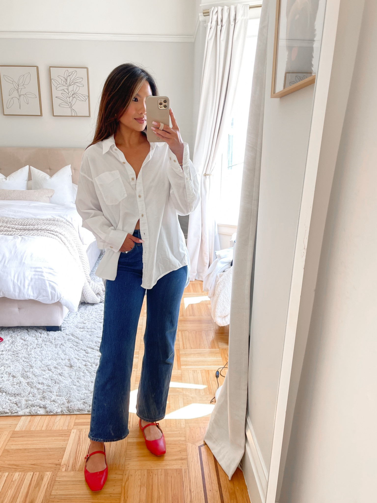 Red Mary Jane flats on sale 

Sizing:
Button down - oversized fit, tts, xs
Denim - tts, dark wash, 25 extra short
Flats - tts, comfy 

#LTKSaleAlert #LTKFindsUnder100