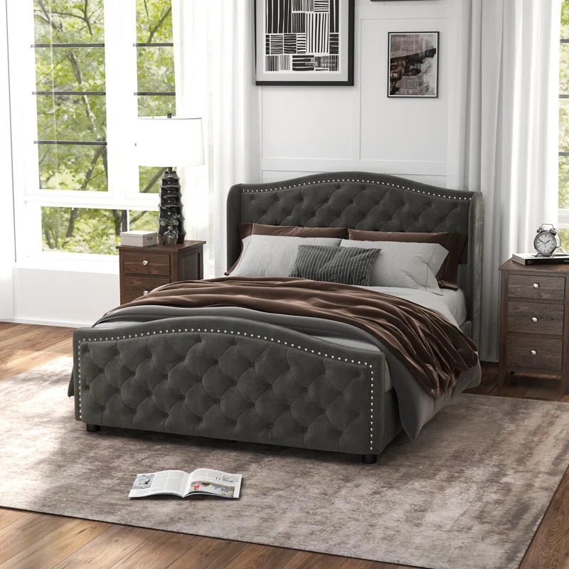 Kassaia Velvet Upholstered Metal Nail Trim Platform Bed with Tufted Headboard and 4 Drawers | Wayfair North America