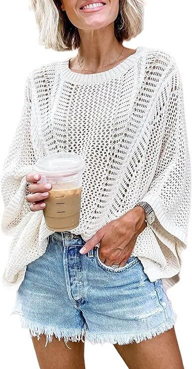 HUUSA Women's Long Batwing Sleeve Crochet Sweater Casual Loose Summer Hollow Out Cover Up Crewnec... | Amazon (US)