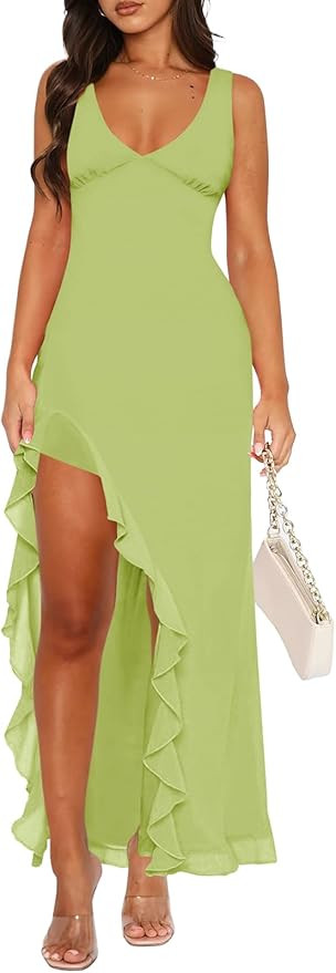 Women Sexy V Neck Sleeveless Mesh Ruffle Hem Bodycon Maxi Casual Backless High Slit Cocktail Part... | Amazon (US)