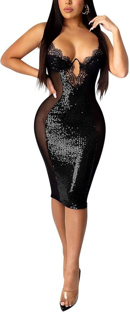 Aro Lora Womens Sexy Deep V Neck Glitter Sequin Tassels Bodycon Mini Club Dress | Amazon (US)