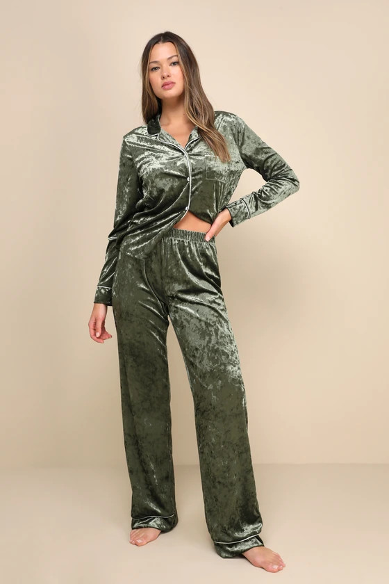 Blissful Slumber Olive Green Crushed Velvet Two-Piece Pajama Set | Lulus