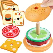 Kids' Hamburger Matching Stacking Blocks Set With Cards, Montessori Educational Toy To Improve Perception And Hand-Eye Coordination, Suitable For Chil | SHEIN