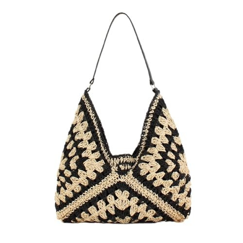 Raffia Knitted Handbags for Women Handmade Casual Beach Shoulder Bag Classic Fashion Woven Tote Bag (2 Black) | Amazon (US)