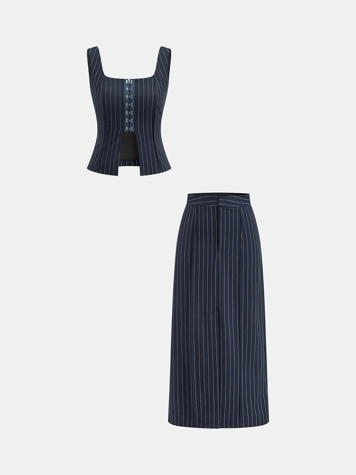 Hook-Eye Striped Top and Skirt Set | Commense