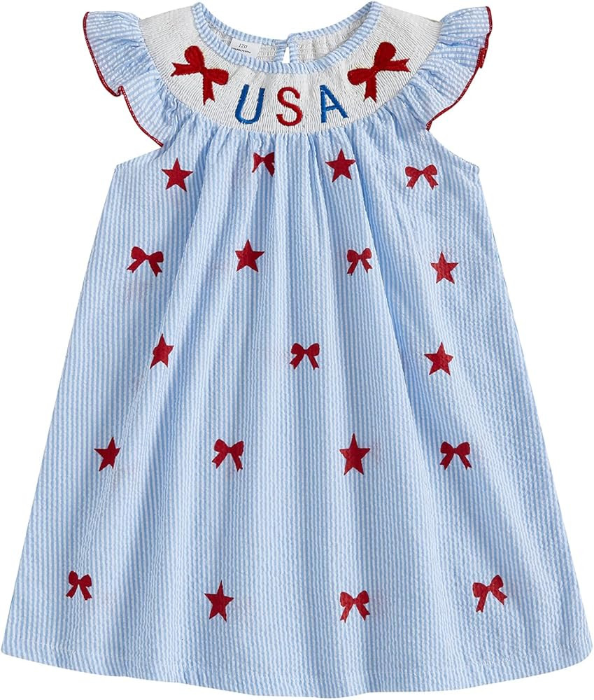 MoZiKQin 4th of July Baby Girl Outfit Toddler USA Dress Ruffle Sleeve American Flag Smocked Dress... | Amazon (US)