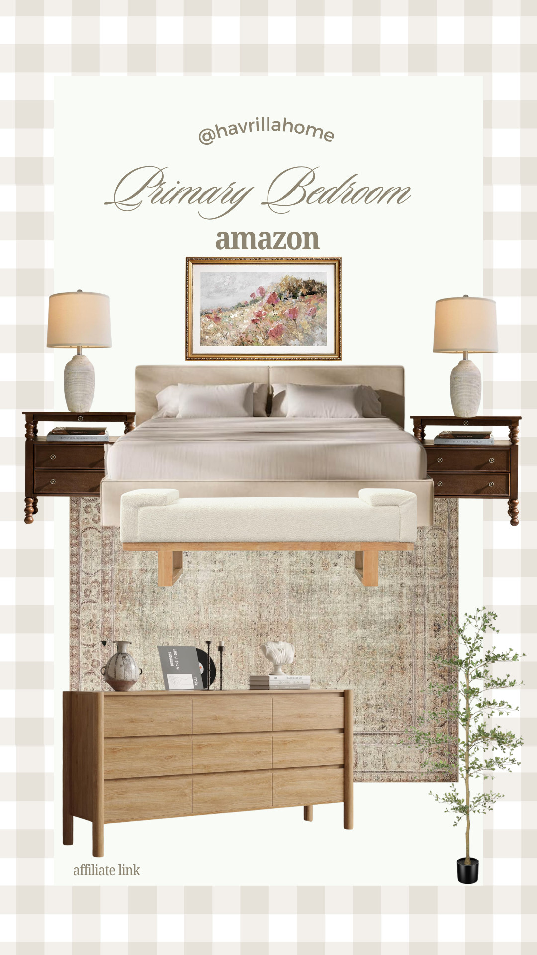 Primary bedroom decor, amazon bedroom finds, neutral bedroom design, upholstered bed frame, wood nightstands, ceramic bedside lamps, bedroom bench upholstered, floral wall art framed, vintage style bedroom rug, wood dresser bedroom, olive tree indoor faux, cozy bedroom aesthetic, elegant bedroom styling, warm neutral bedroom, amazon furniture bedroom, master bedroom makeover, layered bedroom decor, designer bedroom look, calming bedroom ideas, timeless bedroom furniture

#LTKHome