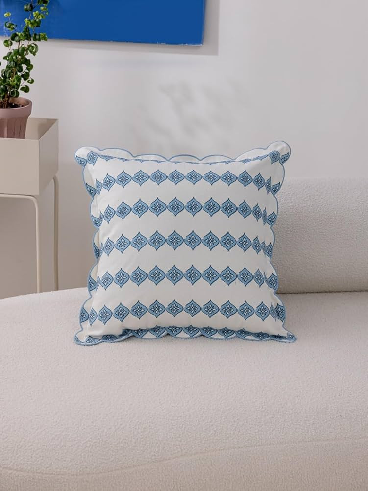 Scalloped Throw Pillow Covers with Block Print Floral Patterns and Hidden Zipper - Sky Tile, 20 x... | Amazon (US)